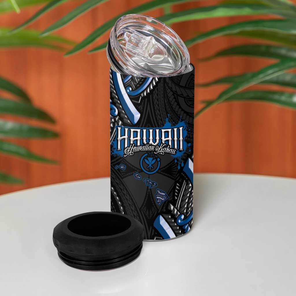 Traditional Art Hawaiian Kakau Tattoos 4 in 1 Can Cooler Tumbler Blue Color - Polynesian Pride