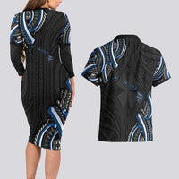 Traditional Art Hawaiian Kakau Tattoos Couples Matching Long Sleeve Bodycon Dress and Hawaiian Shirt Blue Color LT03 - Polynesian Pride