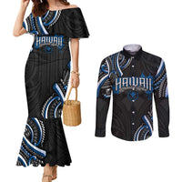 Traditional Art Hawaiian Kakau Tattoos Couples Matching Mermaid Dress and Long Sleeve Button Shirt Blue Color LT03 Blue - Polynesian Pride