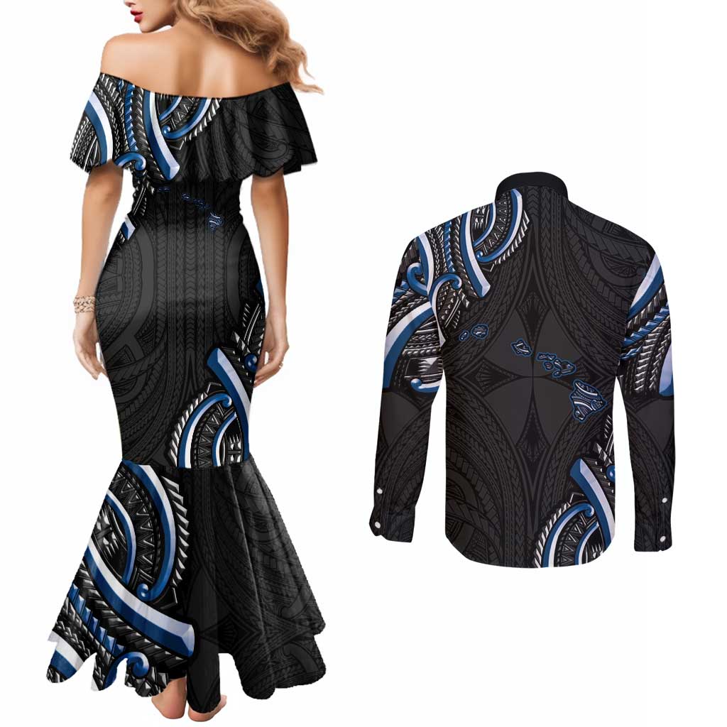 Traditional Art Hawaiian Kakau Tattoos Couples Matching Mermaid Dress and Long Sleeve Button Shirt Blue Color LT03 - Polynesian Pride