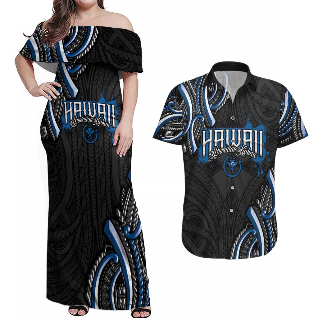 Traditional Art Hawaiian Kakau Tattoos Couples Matching Off Shoulder Maxi Dress and Hawaiian Shirt Blue Color LT03 Blue - Polynesian Pride