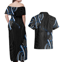 Traditional Art Hawaiian Kakau Tattoos Couples Matching Off Shoulder Maxi Dress and Hawaiian Shirt Blue Color LT03 - Polynesian Pride