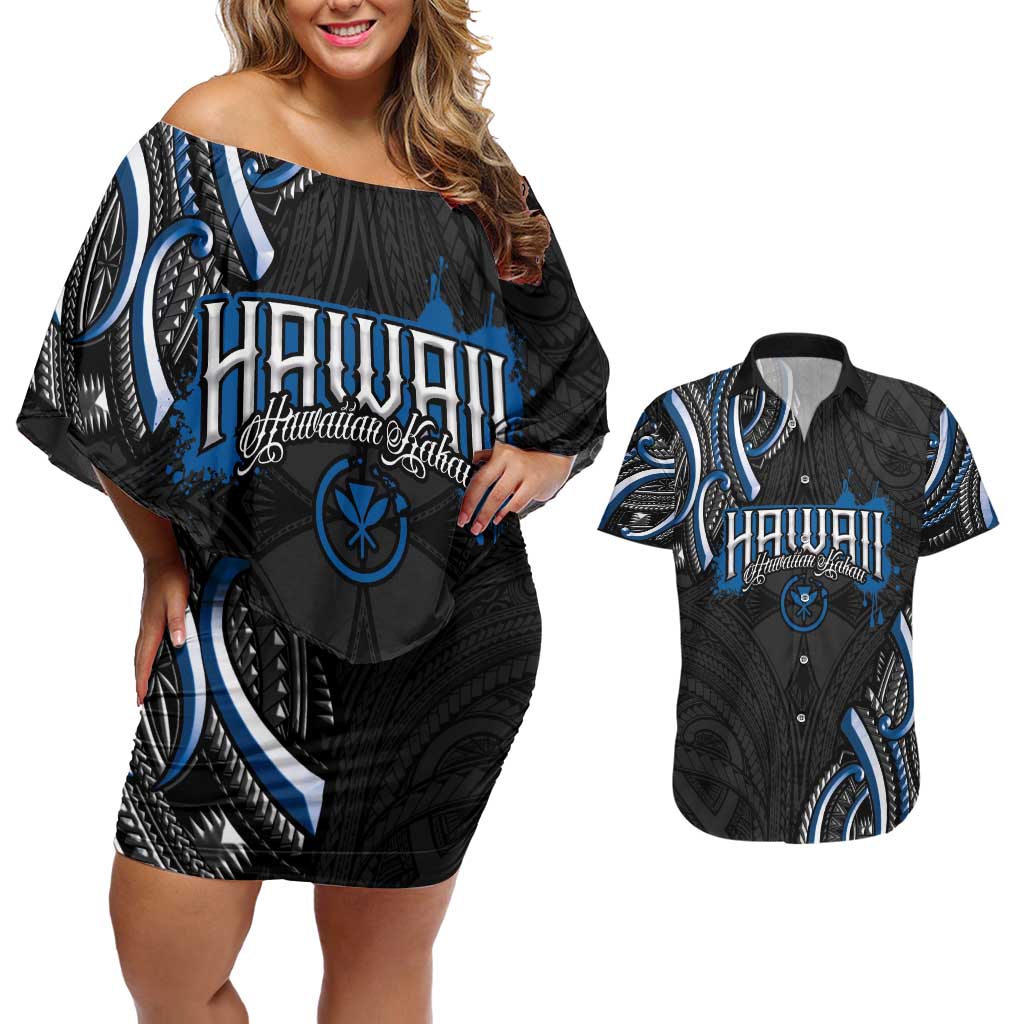 Traditional Art Hawaiian Kakau Tattoos Couples Matching Off Shoulder Short Dress and Hawaiian Shirt Blue Color LT03 Blue - Polynesian Pride