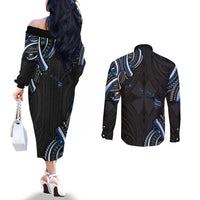 Traditional Art Hawaiian Kakau Tattoos Couples Matching Off The Shoulder Long Sleeve Dress and Long Sleeve Button Shirt Blue Color LT03 - Polynesian Pride