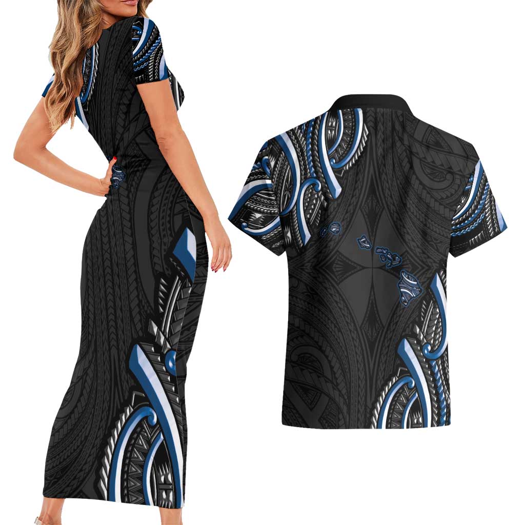 Traditional Art Hawaiian Kakau Tattoos Couples Matching Short Sleeve Bodycon Dress and Hawaiian Shirt Blue Color LT03 - Polynesian Pride