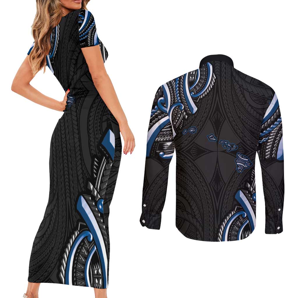 Traditional Art Hawaiian Kakau Tattoos Couples Matching Short Sleeve Bodycon Dress and Long Sleeve Button Shirt Blue Color LT03 - Polynesian Pride