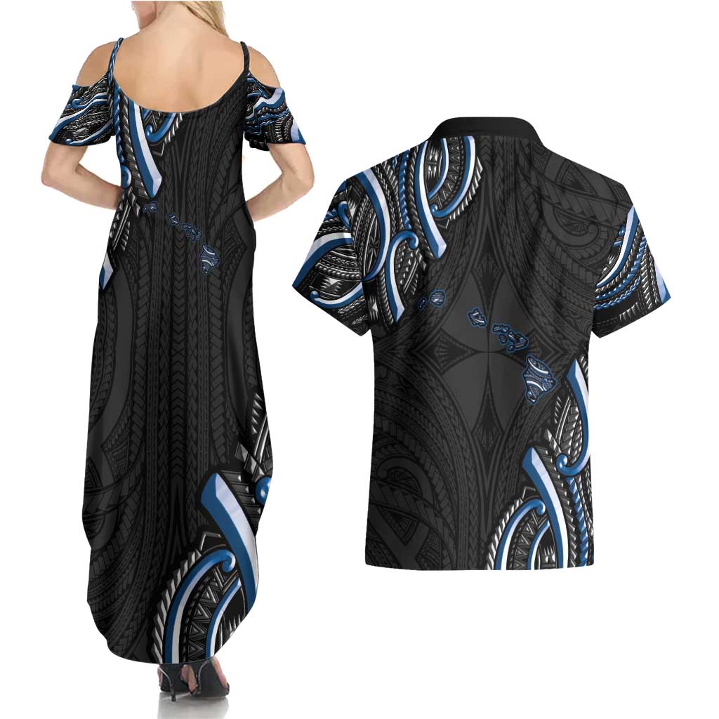 Traditional Art Hawaiian Kakau Tattoos Couples Matching Summer Maxi Dress and Hawaiian Shirt Blue Color LT03 - Polynesian Pride