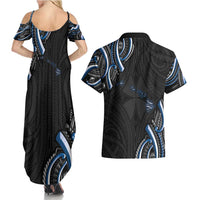 Traditional Art Hawaiian Kakau Tattoos Couples Matching Summer Maxi Dress and Hawaiian Shirt Blue Color LT03 - Polynesian Pride