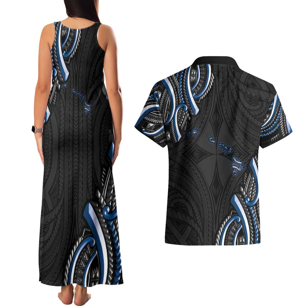 Traditional Art Hawaiian Kakau Tattoos Couples Matching Tank Maxi Dress and Hawaiian Shirt Blue Color LT03 - Polynesian Pride