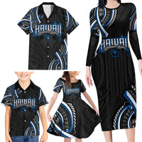 Traditional Art Hawaiian Kakau Tattoos Family Matching Long Sleeve Bodycon Dress and Hawaiian Shirt Blue Color LT03 - Polynesian Pride