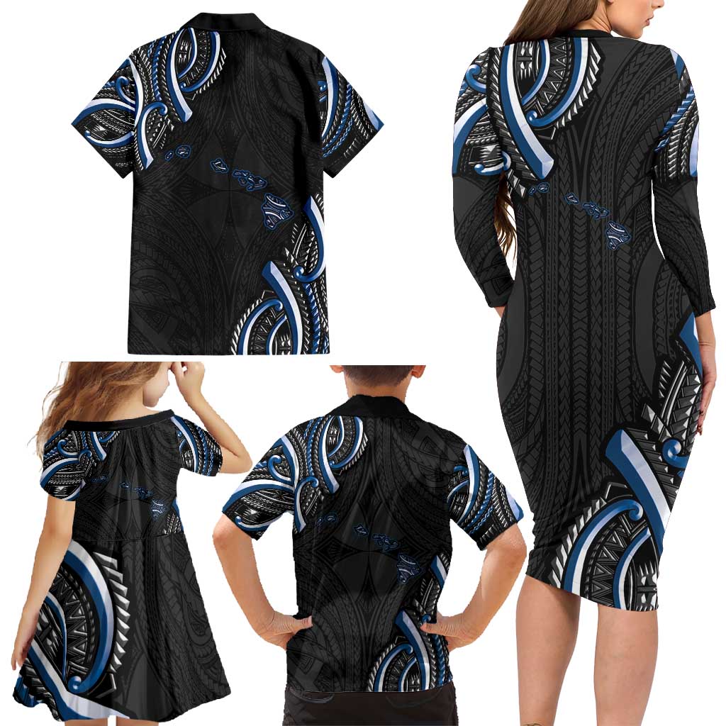 Traditional Art Hawaiian Kakau Tattoos Family Matching Long Sleeve Bodycon Dress and Hawaiian Shirt Blue Color LT03 - Polynesian Pride