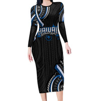Traditional Art Hawaiian Kakau Tattoos Family Matching Long Sleeve Bodycon Dress and Hawaiian Shirt Blue Color LT03 Mom's Dress Blue - Polynesian Pride