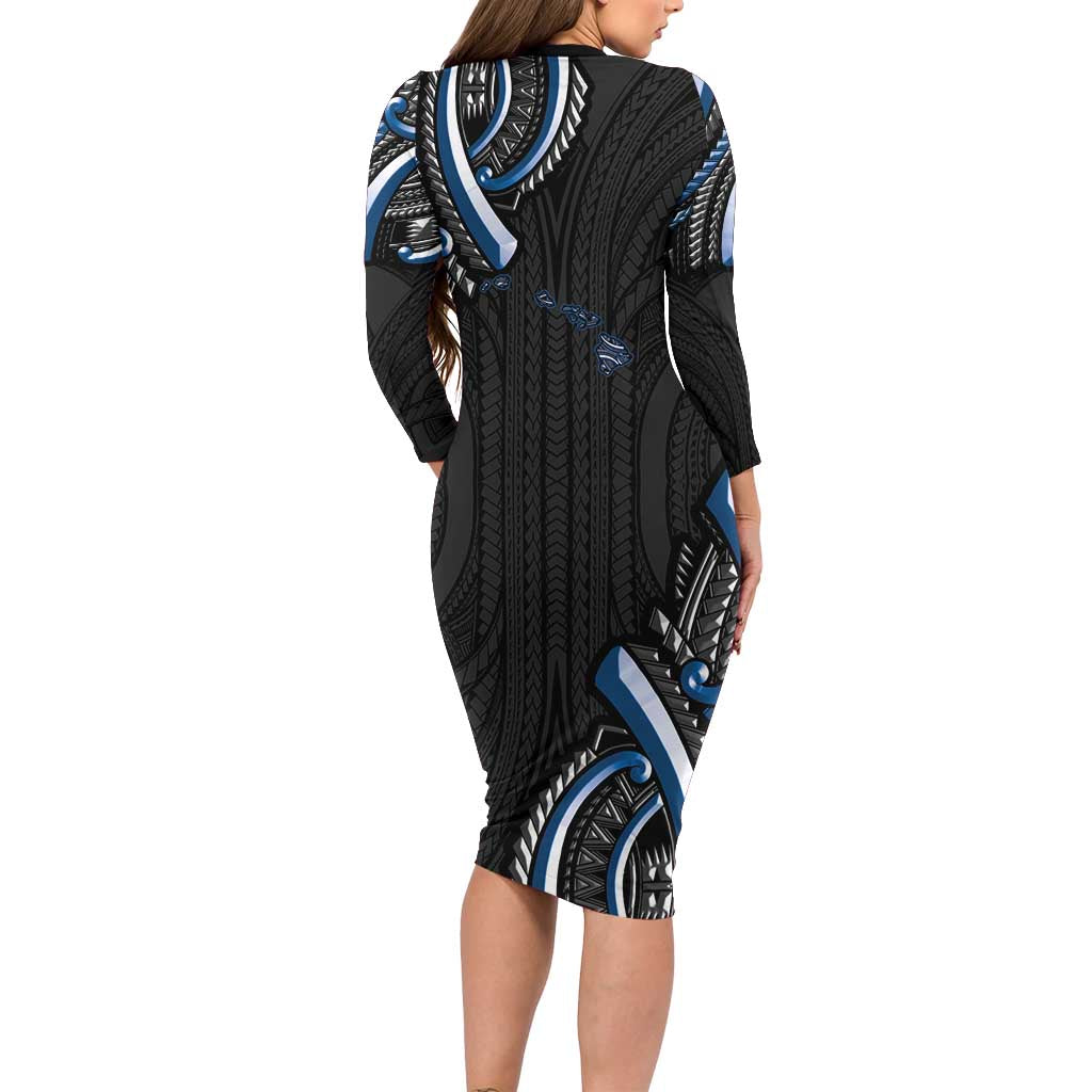 Traditional Art Hawaiian Kakau Tattoos Family Matching Long Sleeve Bodycon Dress and Hawaiian Shirt Blue Color LT03 - Polynesian Pride