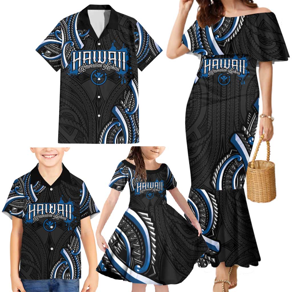 Traditional Art Hawaiian Kakau Tattoos Family Matching Mermaid Dress and Hawaiian Shirt Blue Color - Polynesian Pride