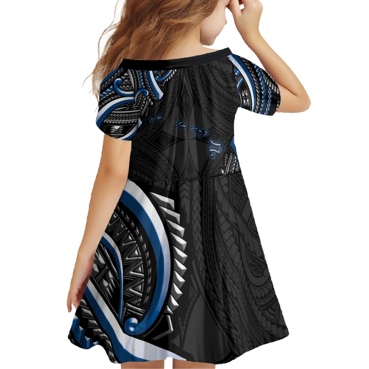 Traditional Art Hawaiian Kakau Tattoos Family Matching Off The Shoulder Long Sleeve Dress and Hawaiian Shirt Blue Color - Polynesian Pride