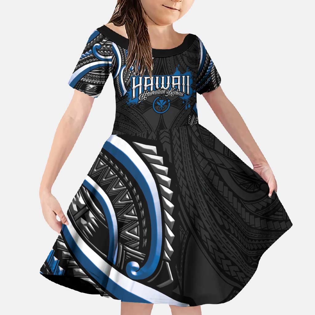 Traditional Art Hawaiian Kakau Tattoos Family Matching Off Shoulder Maxi Dress and Hawaiian Shirt Blue Color LT03 Daughter's Dress Blue - Polynesian Pride