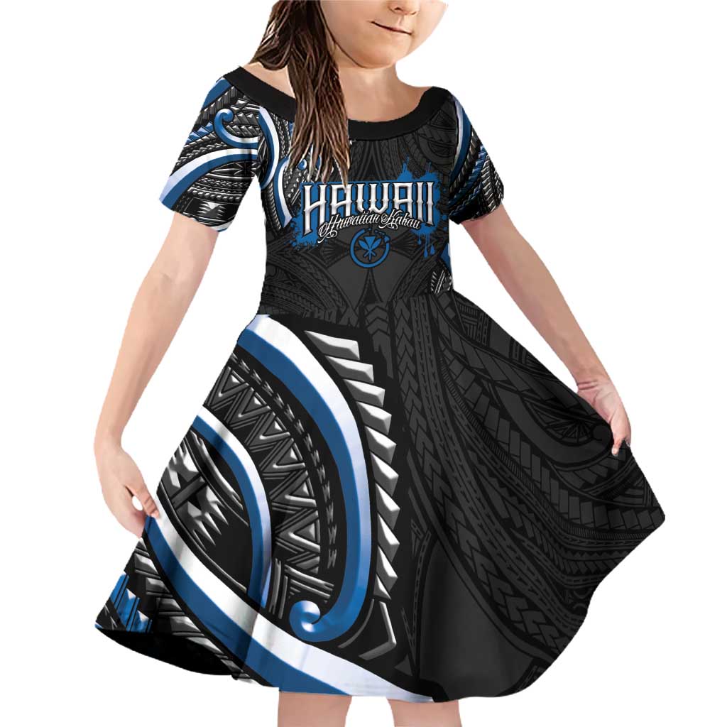 Traditional Art Hawaiian Kakau Tattoos Family Matching Off Shoulder Short Dress and Hawaiian Shirt Blue Color LT03 Daughter's Dress Blue - Polynesian Pride