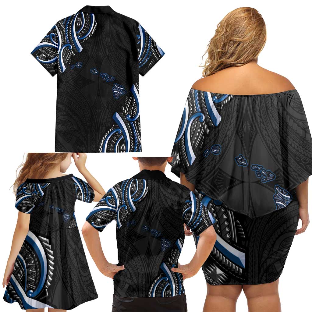 Traditional Art Hawaiian Kakau Tattoos Family Matching Off Shoulder Short Dress and Hawaiian Shirt Blue Color LT03 - Polynesian Pride