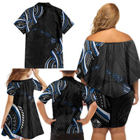 Traditional Art Hawaiian Kakau Tattoos Family Matching Off Shoulder Short Dress and Hawaiian Shirt Blue Color LT03 - Polynesian Pride