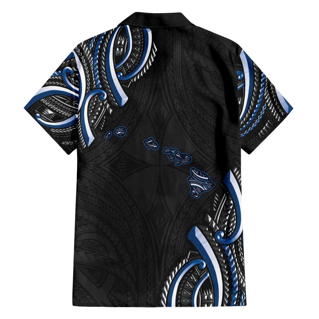 Traditional Art Hawaiian Kakau Tattoos Family Matching Off Shoulder Short Dress and Hawaiian Shirt Blue Color LT03 - Polynesian Pride