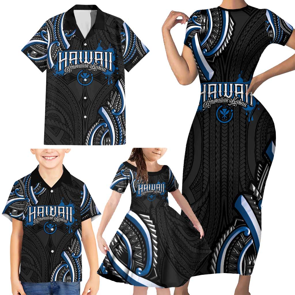 Traditional Art Hawaiian Kakau Tattoos Family Matching Short Sleeve Bodycon Dress and Hawaiian Shirt Blue Color - Polynesian Pride