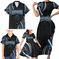 Traditional Art Hawaiian Kakau Tattoos Family Matching Short Sleeve Bodycon Dress and Hawaiian Shirt Blue Color LT03 - Polynesian Pride