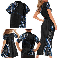 Traditional Art Hawaiian Kakau Tattoos Family Matching Short Sleeve Bodycon Dress and Hawaiian Shirt Blue Color LT03 - Polynesian Pride
