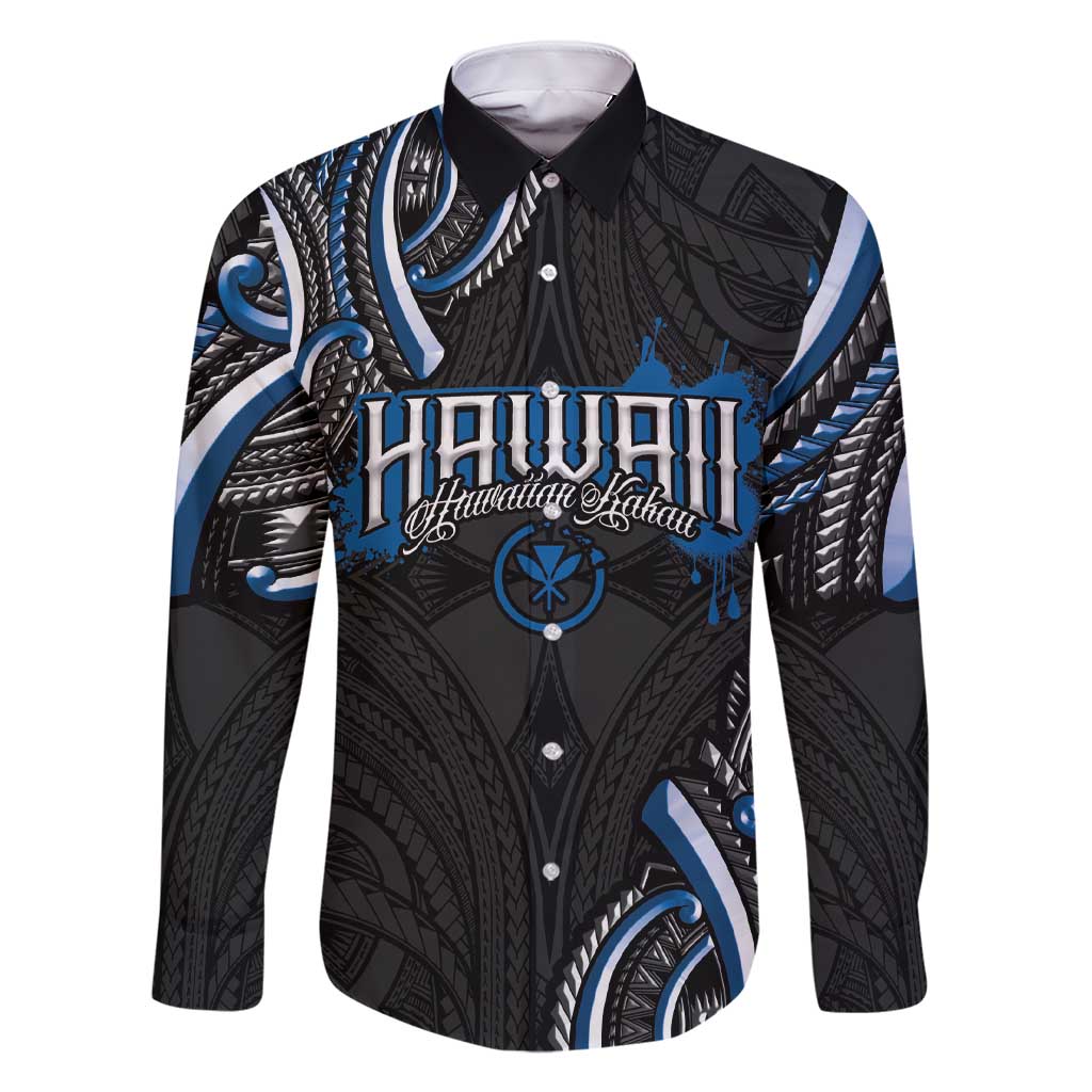 Traditional Art Hawaiian Kakau Tattoos Family Matching Short Sleeve Bodycon Dress and Hawaiian Shirt Blue Color LT03 Dad's Shirt - Long Sleeve Blue - Polynesian Pride