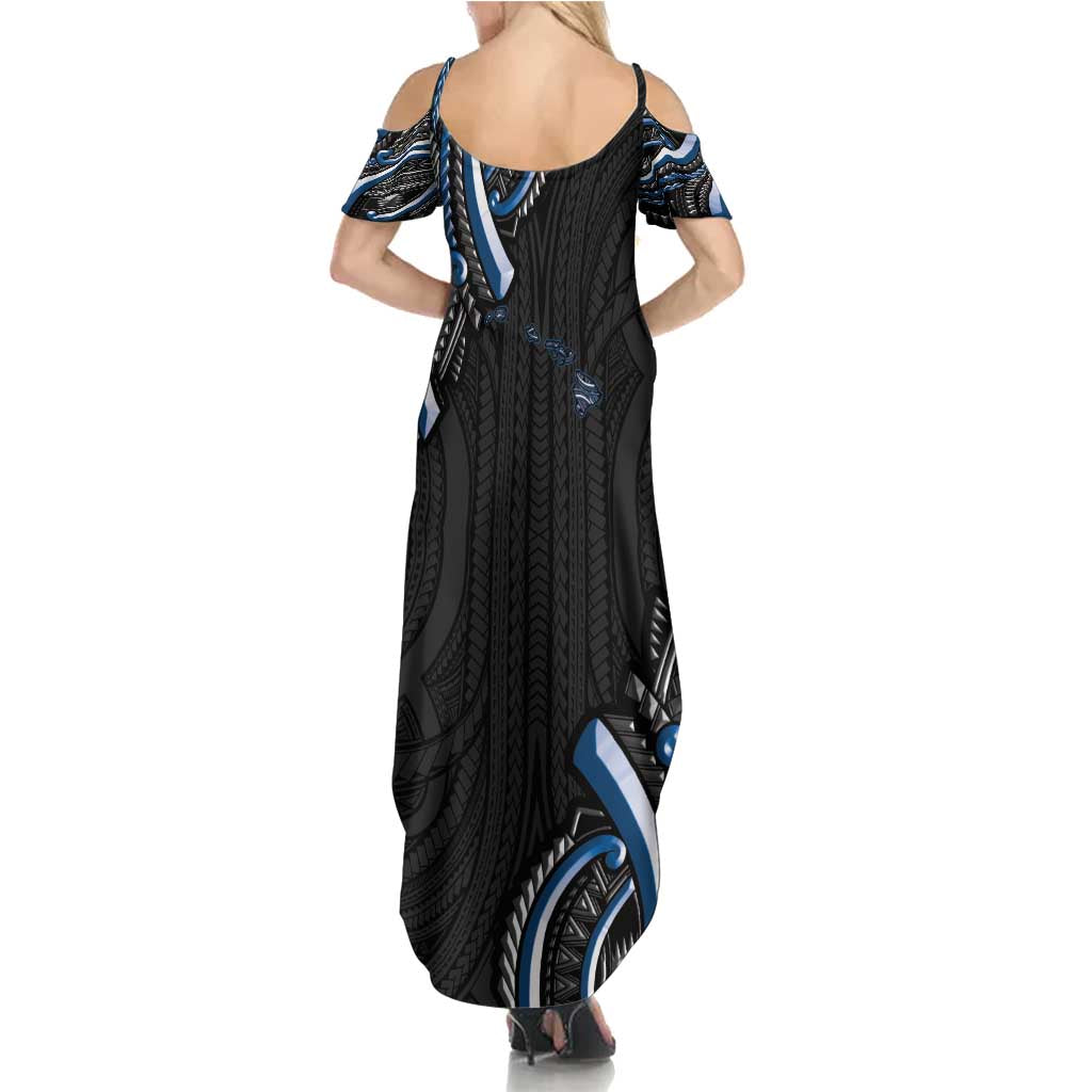 Traditional Art Hawaiian Kakau Tattoos Family Matching Summer Maxi Dress and Hawaiian Shirt Blue Color LT03 - Polynesian Pride