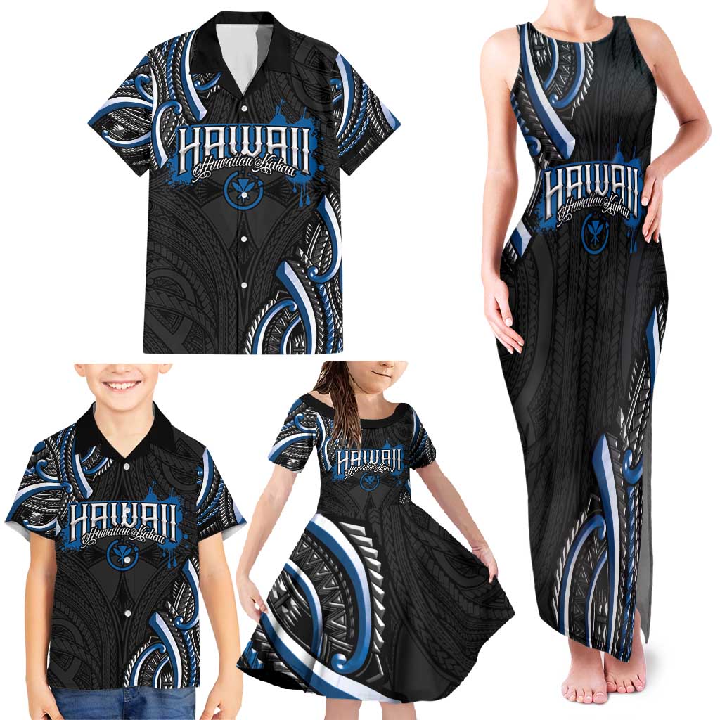 Traditional Art Hawaiian Kakau Tattoos Family Matching Tank Maxi Dress and Hawaiian Shirt Blue Color - Polynesian Pride