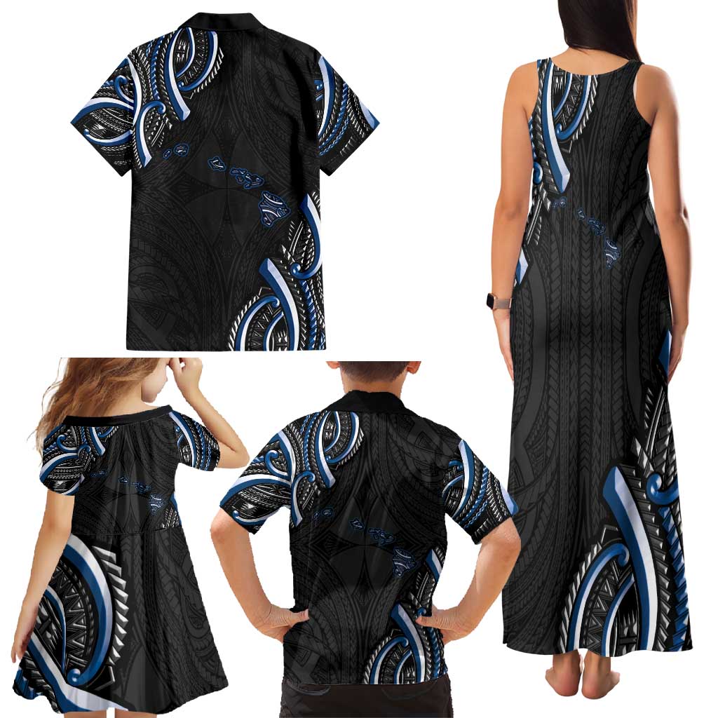 Traditional Art Hawaiian Kakau Tattoos Family Matching Tank Maxi Dress and Hawaiian Shirt Blue Color - Polynesian Pride
