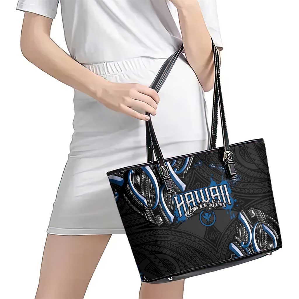 Traditional Art Hawaiian Kakau Tattoos Leather Tote Bag Blue Color LT03 - Polynesian Pride