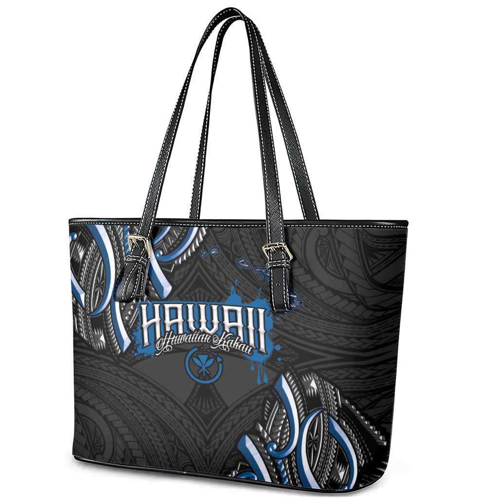 Traditional Art Hawaiian Kakau Tattoos Leather Tote Bag Blue Color LT03 - Polynesian Pride