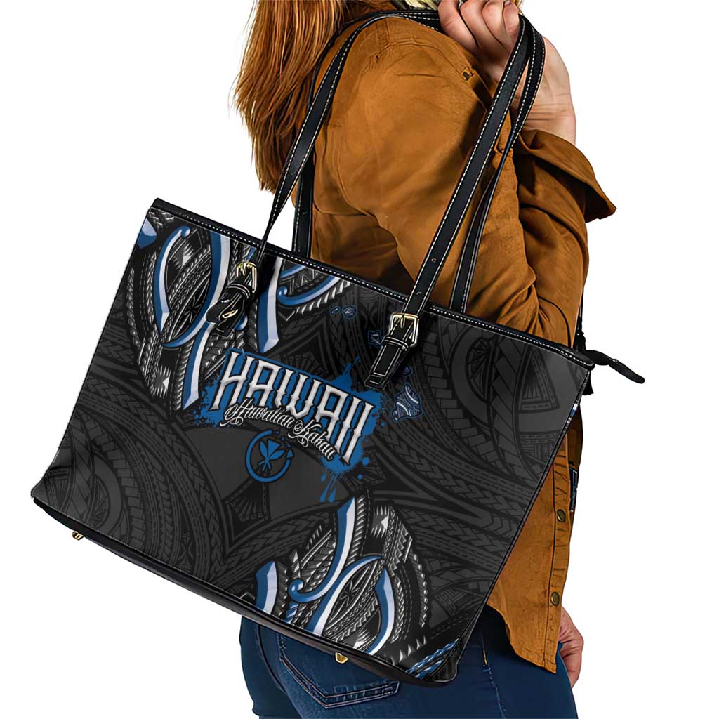 Traditional Art Hawaiian Kakau Tattoos Leather Tote Bag Blue Color LT03 - Polynesian Pride