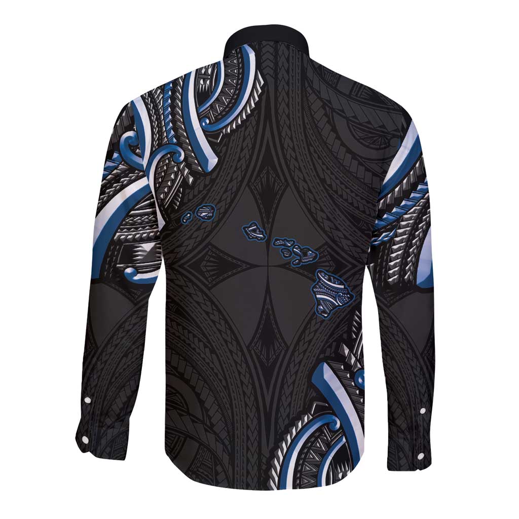 Traditional Art Hawaiian Kakau Tattoos Long Sleeve Button Shirt Blue Color - Polynesian Pride