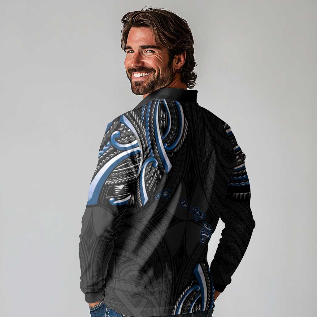 Traditional Art Hawaiian Kakau Tattoos Long Sleeve Polo Shirt Blue Color - Polynesian Pride