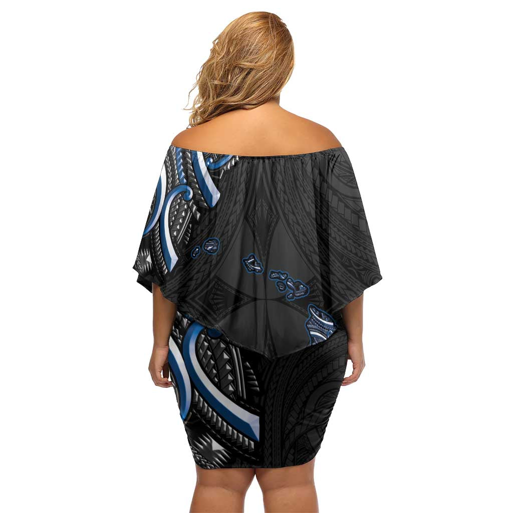 Traditional Art Hawaiian Kakau Tattoos Off Shoulder Short Dress Blue Color - Polynesian Pride
