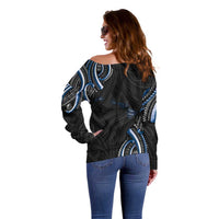 Traditional Art Hawaiian Kakau Tattoos Off Shoulder Sweater Blue Color - Polynesian Pride