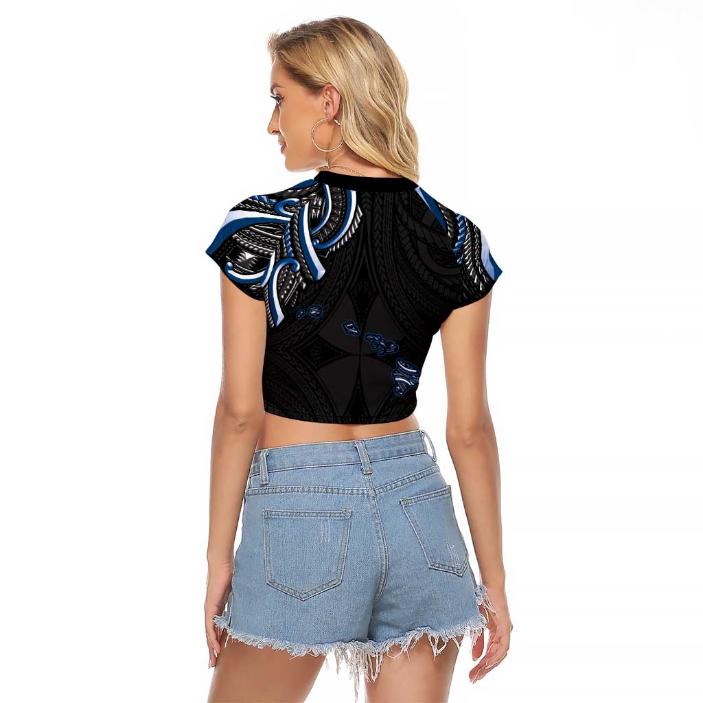 Traditional Art Hawaiian Kakau Tattoos Raglan Cropped T Shirt Blue Color - Polynesian Pride