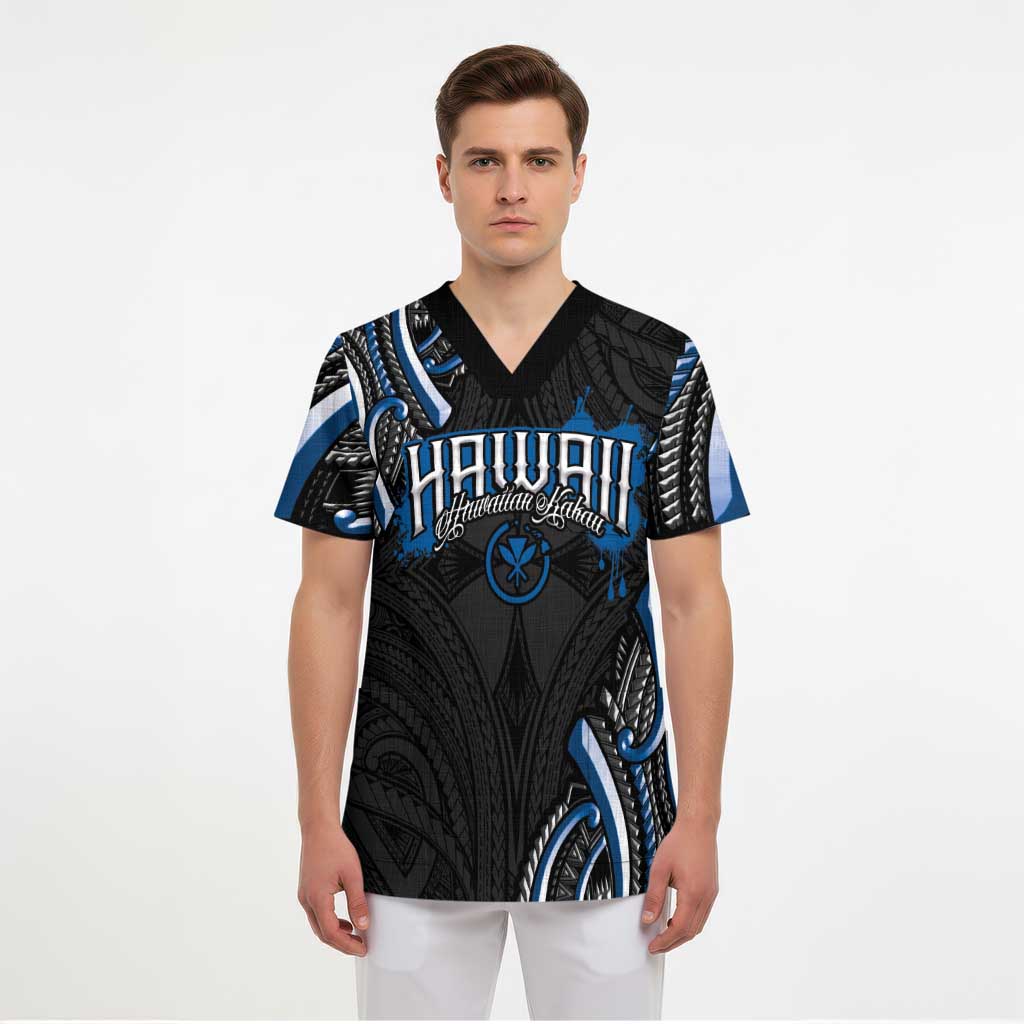 Traditional Art Hawaiian Kakau Tattoos Scrub Top Blue Color - Polynesian Pride