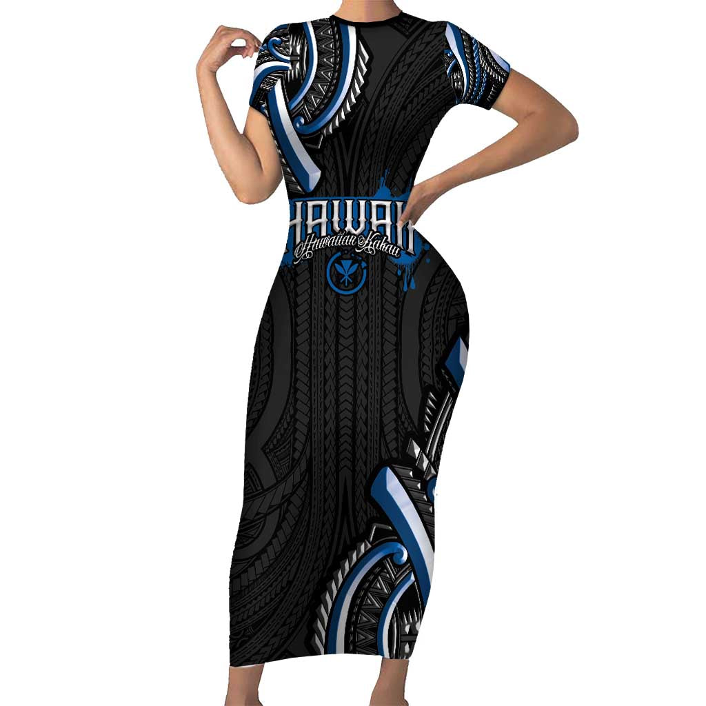 Traditional Art Hawaiian Kakau Tattoos Short Sleeve Bodycon Dress Blue Color - Polynesian Pride