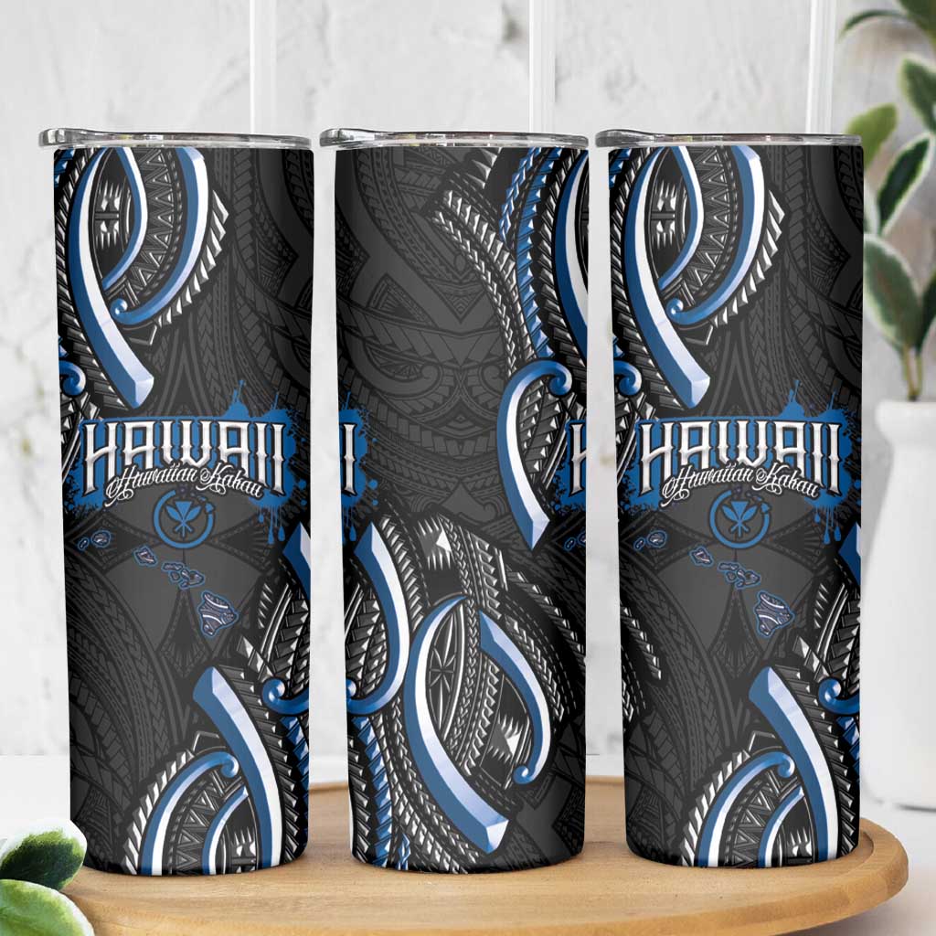 Traditional Art Hawaiian Kakau Tattoos Skinny Tumbler Blue Color - Polynesian Pride