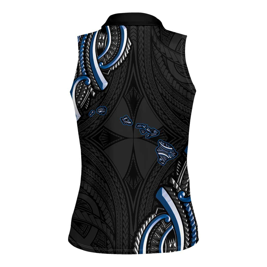 Traditional Art Hawaiian Kakau Tattoos Women Sleeveless Polo Shirt Blue Color - Polynesian Pride