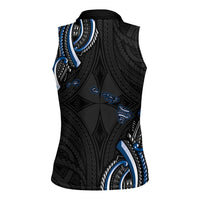 Traditional Art Hawaiian Kakau Tattoos Women Sleeveless Polo Shirt Blue Color - Polynesian Pride