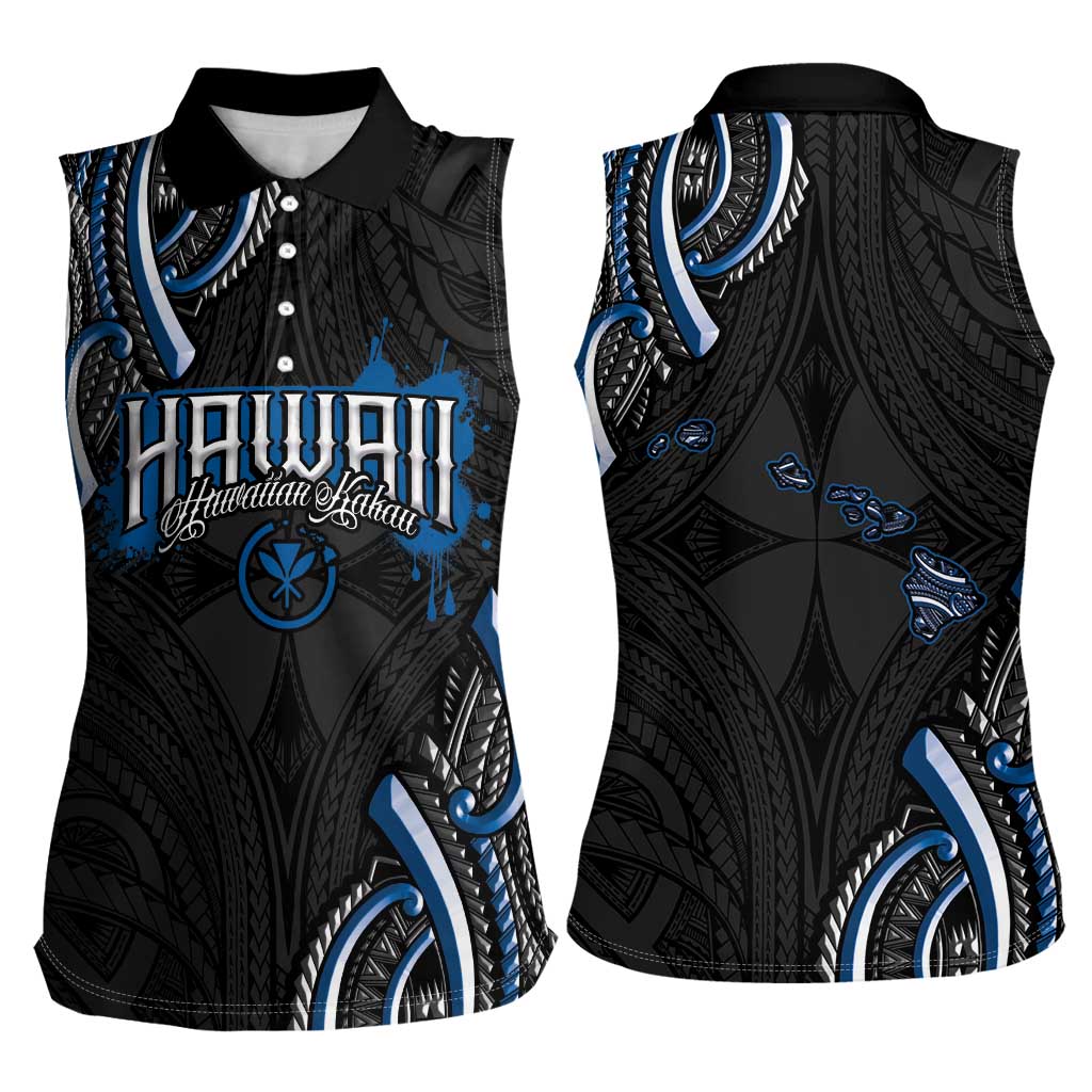 Traditional Art Hawaiian Kakau Tattoos Women Sleeveless Polo Shirt Blue Color - Polynesian Pride