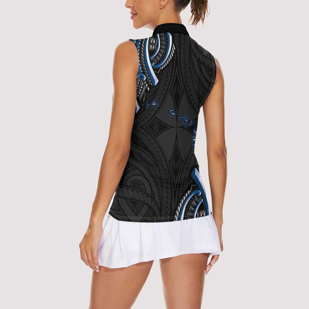Traditional Art Hawaiian Kakau Tattoos Women Sleeveless Polo Shirt Blue Color - Polynesian Pride