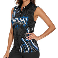 Traditional Art Hawaiian Kakau Tattoos Women Sleeveless Polo Shirt Blue Color - Polynesian Pride