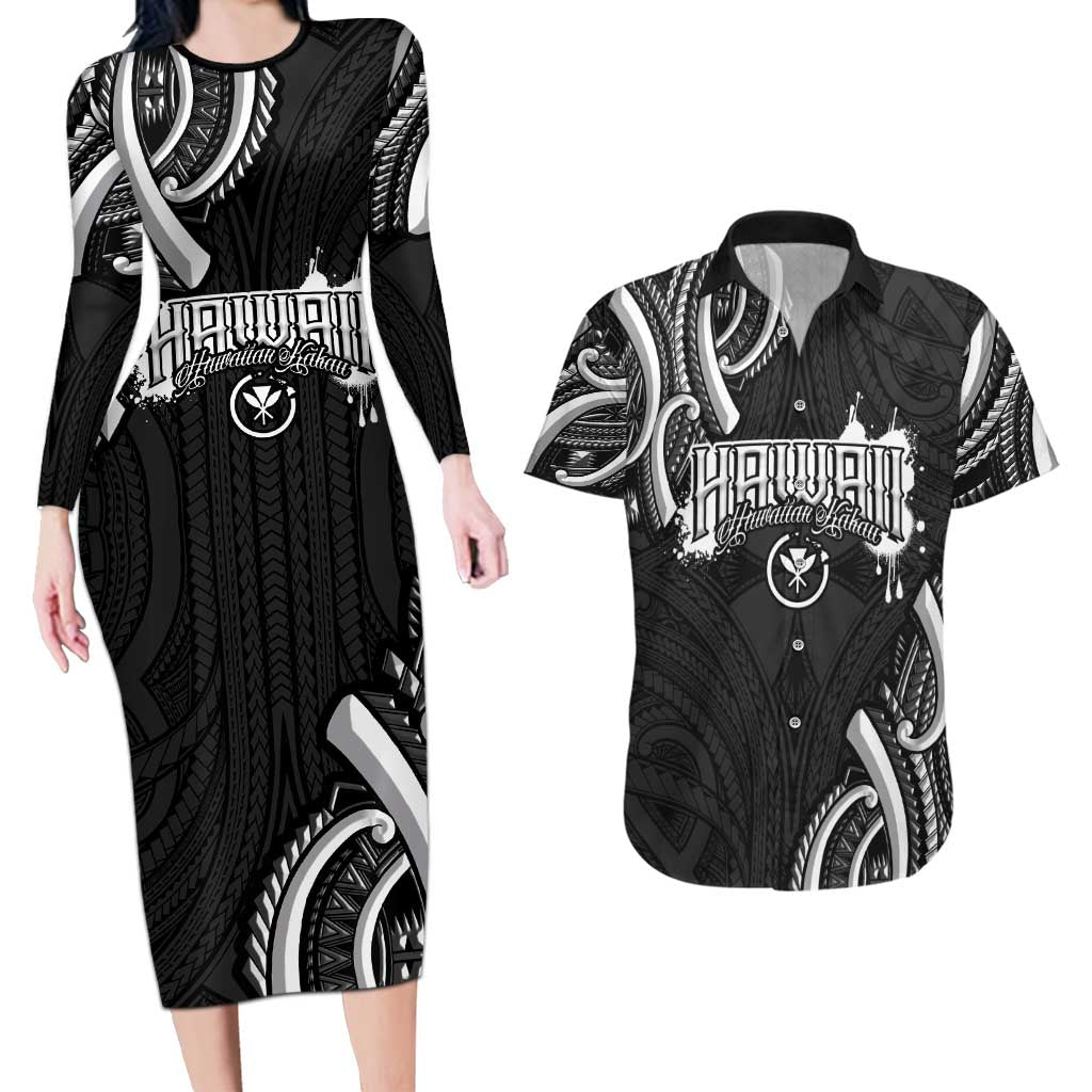 Traditional Art Hawaiian Kakau Tattoos Couples Matching Long Sleeve Bodycon Dress and Hawaiian Shirt White - Polynesian Pride