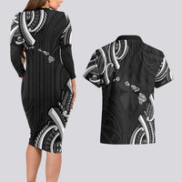 Traditional Art Hawaiian Kakau Tattoos Couples Matching Long Sleeve Bodycon Dress and Hawaiian Shirt White LT03 - Polynesian Pride