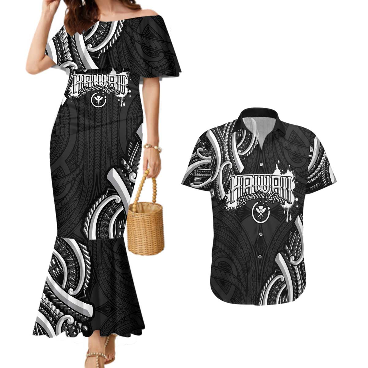 Traditional Art Hawaiian Kakau Tattoos Couples Matching Mermaid Dress and Hawaiian Shirt White LT03 White - Polynesian Pride